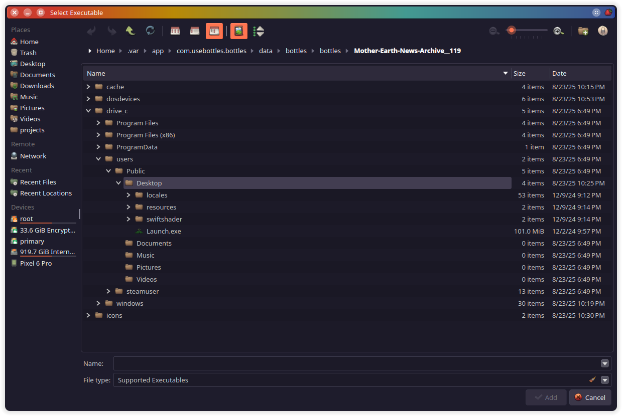 A file picker window showing a list of files and executables that bottles could launch. The ones I want are located on the desktop.