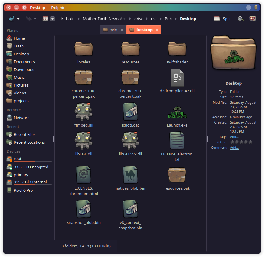 A file browser with two tabs. One showing the files in the USB archive, and the other showing the copy of those same files in the Desktop folder of a Bottle