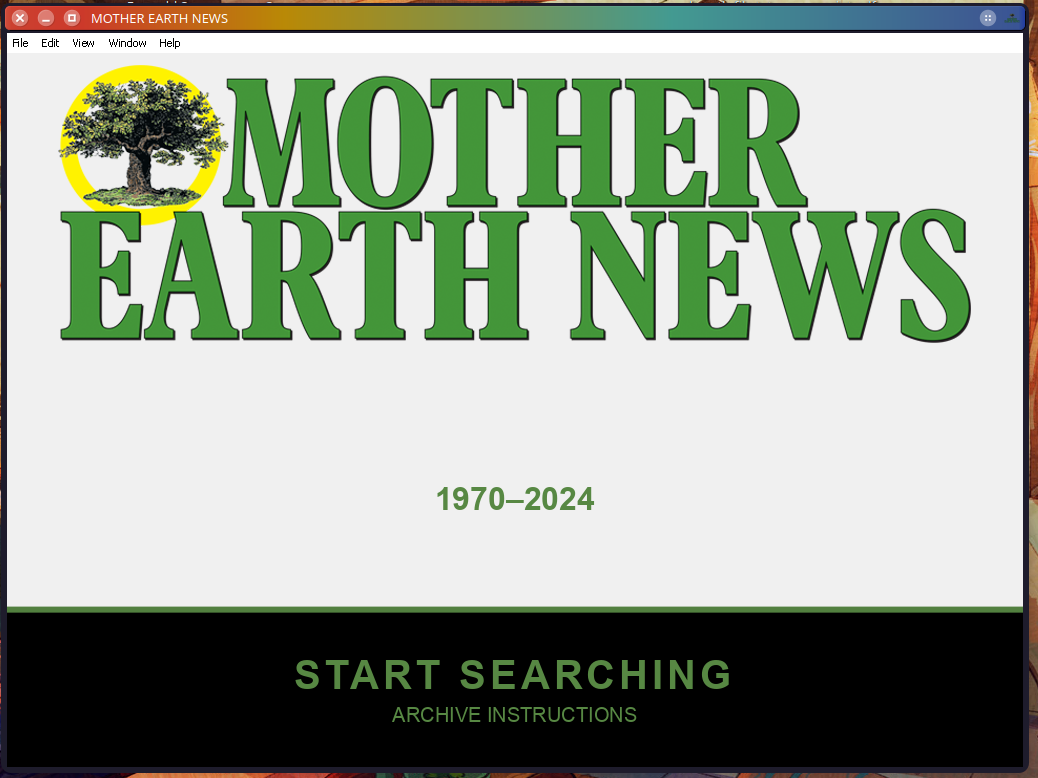 A window showing the Mother Earth News Archive Electron Application running in WINE using Bottles