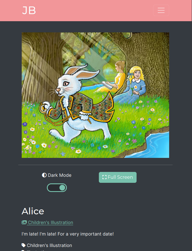 A detail page featuring a piece of art on a dark background.