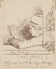 A simple sketch of a boy reading a book.