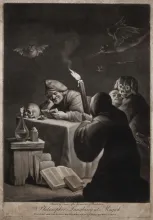 A black and white illustration of a man reading a book in a dark room. A bat flies above his head. He's smiling and chucling to himself
