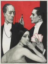 A scene of three aristocrats, a man on the right presents a phial to a monacled man on the left. A woman in the foreground covers her mouth in shock.