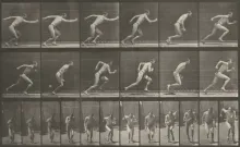 A black and white photoplate of a man running one frame at a time over a short time span