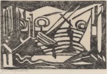 A woodblock print of a shipt at sea