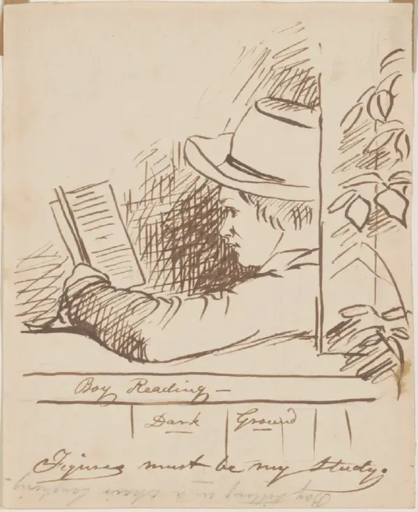 A simple sketch of a boy reading a book.