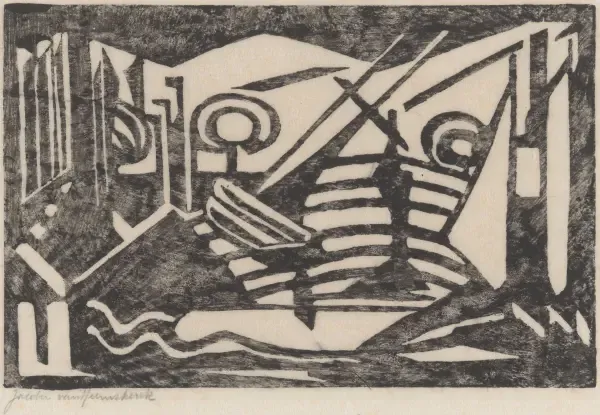 A woodblock print of a shipt at sea