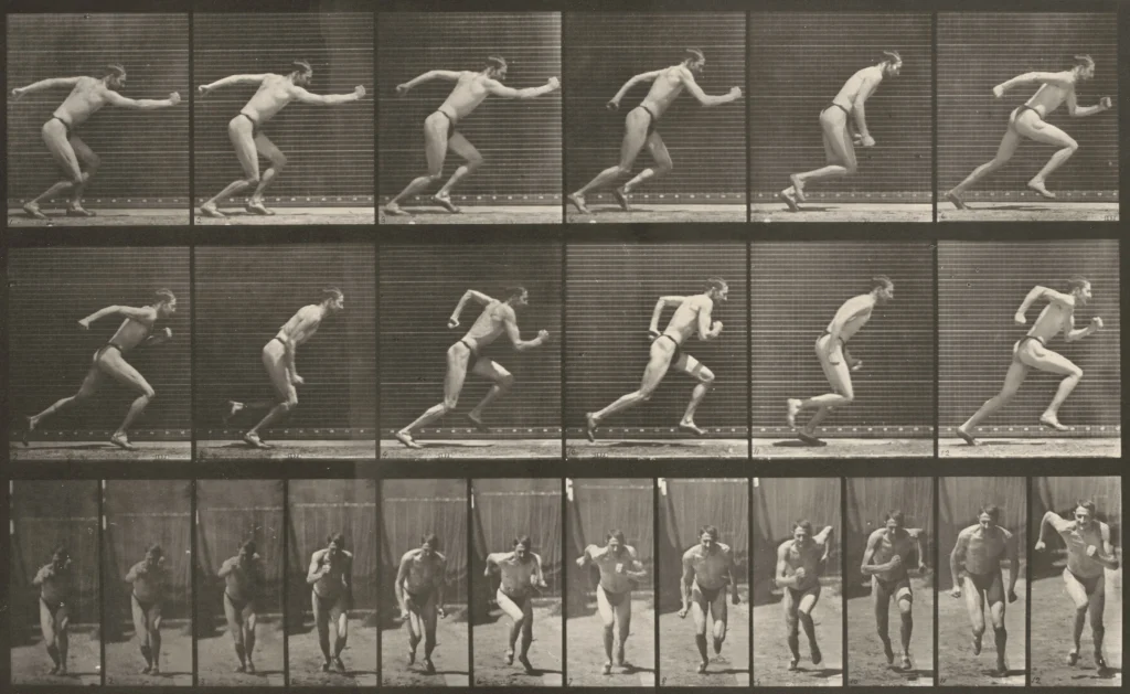 A series of black and white photographs arranged into a grid showing a man running one frame at a time.