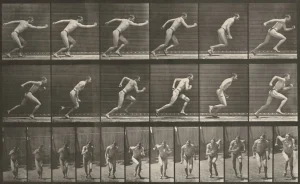 A series of black and white photographs arranged into a grid showing a man running one frame at a time.