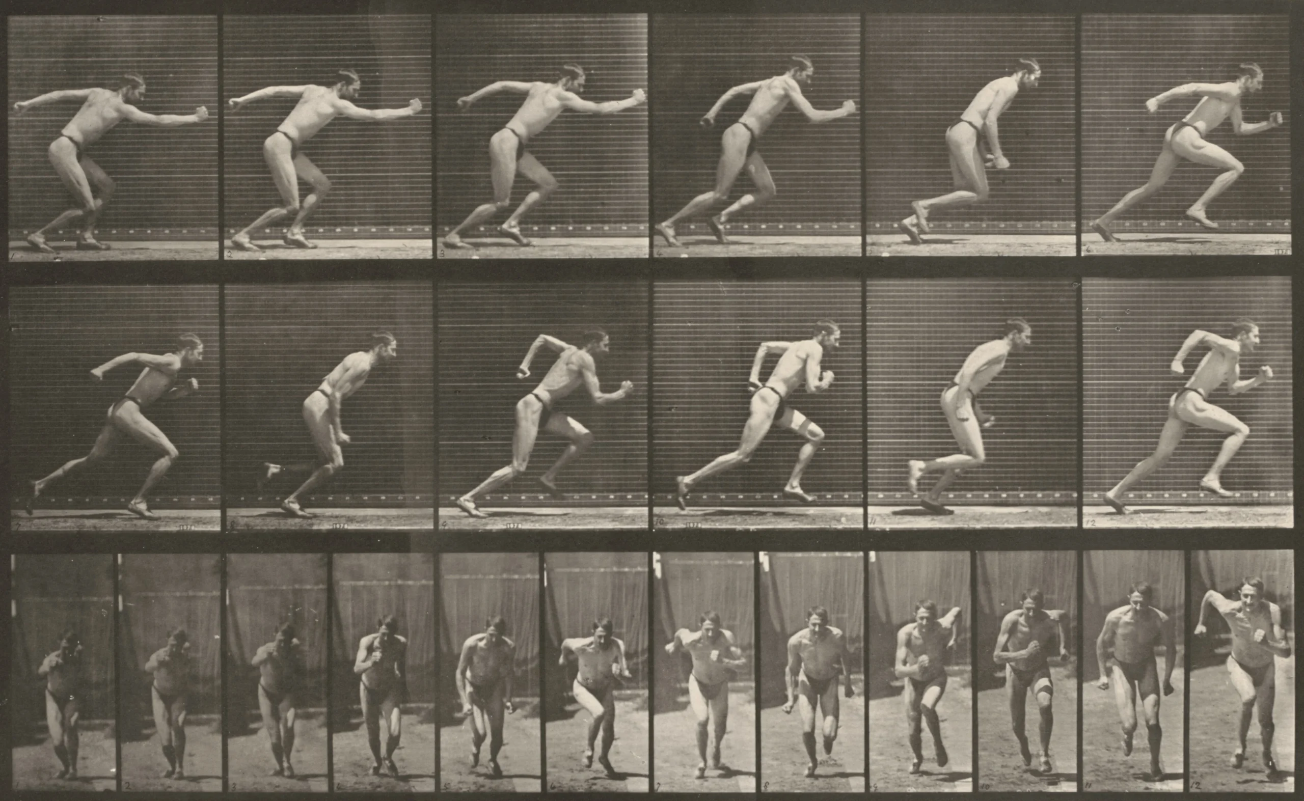 A series of black and white photographs arranged into a grid showing a man running one frame at a time.